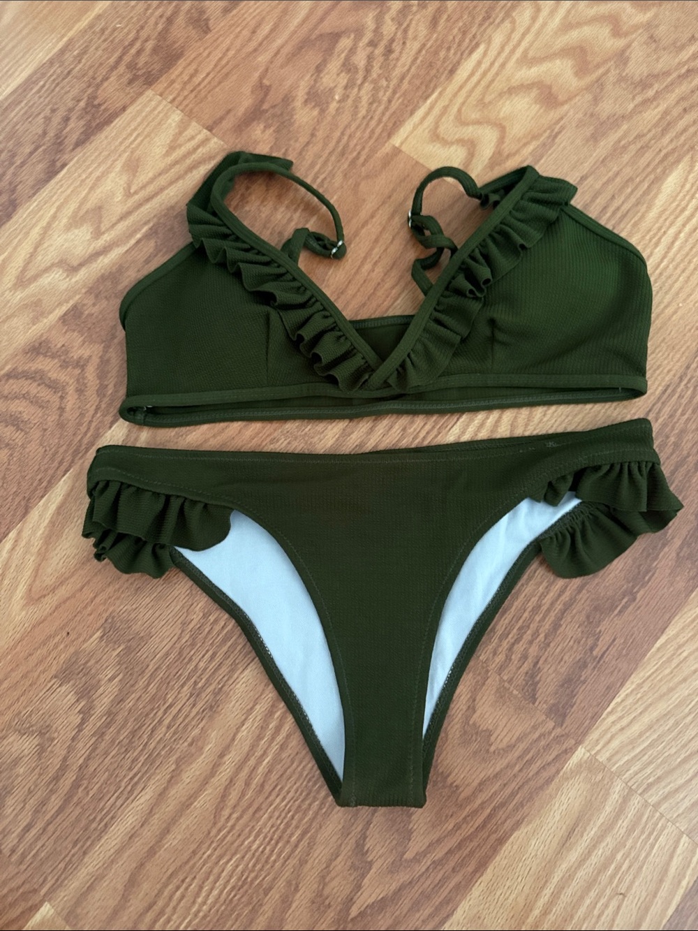 Women’s Olive Green Ruffle Two-Piece Swim Set